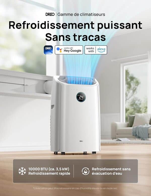 Dreo Climatiseur portable 10 000 BTU pour chambre, refroidissement sans drainage, silencieux, contrôle par application/voix, minuterie 24h, avec ventilateur et déshumidificateur [Classe énergétique A]