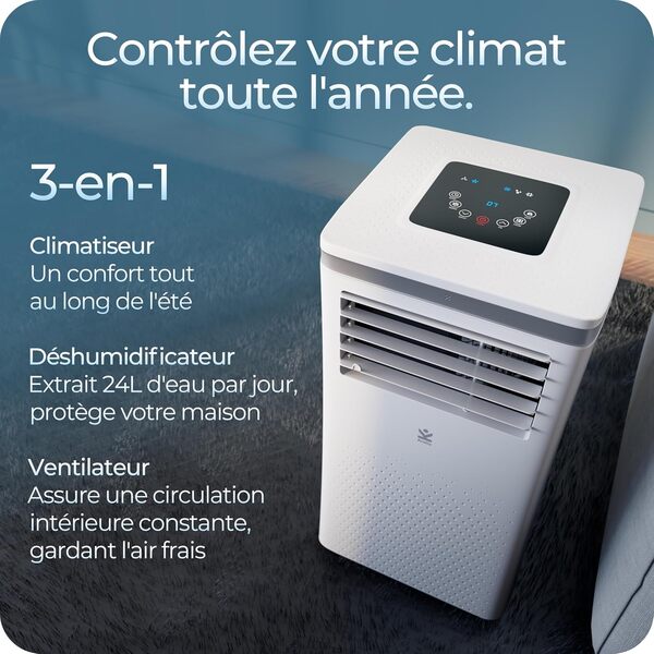 S-290 - Climatiseur Portable Avalla 3-en-1 10000 BTU : Clim, Déshumidificateur 24L, Ventilateur, Mode Nuit Silencieux, Minuteur 24h, Télécommande, Kit Fenêtre, Multi-pièces