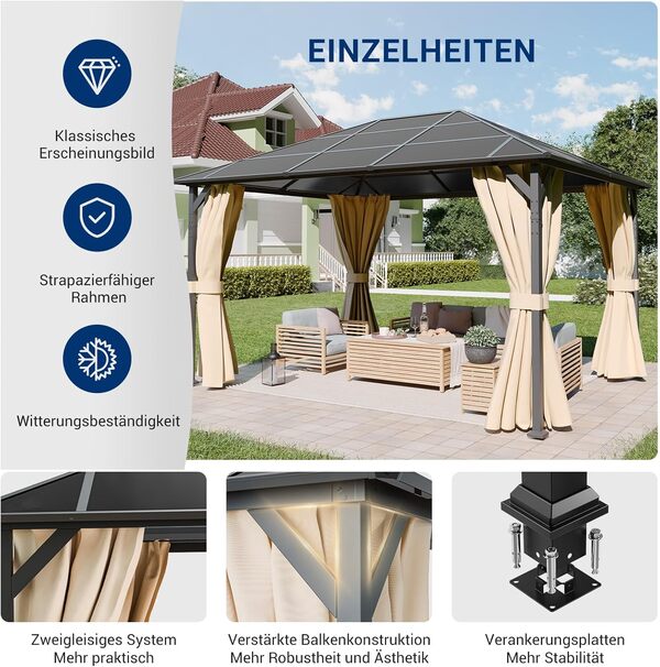 UDPATIO Tonnelle de Jardin 3x4m Imperméable - Toit UV Résistant avec Rideaux, Tonnelle Stabilisée pour Jardin, Terrasse (Champagne)