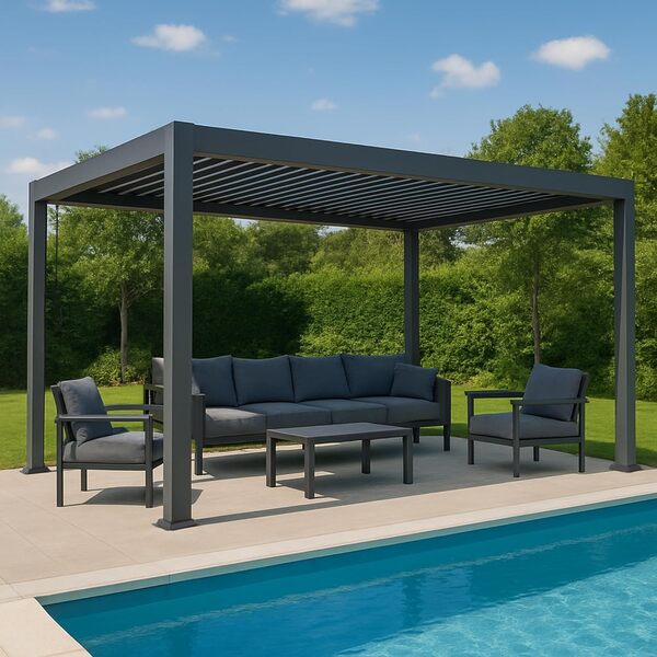 AirDay - Pergola bioclimatique 3 x 4 m - Tonnelle autoportante de Jardin avec Lames orientables Pleine Largeur, Structure Aluminium Anthracite, abri terrasse Design, évacuation Eau par poteaux (4x3m)