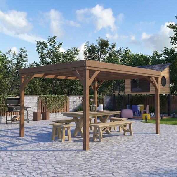 Outsunny Pergola 4 x 3 m en Bois, pergola Jardin extérieure, Traditionnelle autoportante Toit terrasse à décorer, avec 4 Pieds, Marron