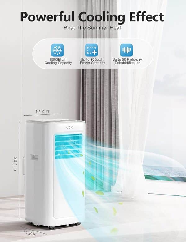 Climatiseur portable 8000 BTU pour pièces jusqu'à 30 m² – Unité AC 4 en 1 avec déshumidificateur, ventilateur, télécommande, écran LED, minuterie 24 heures, installation facile de fenêtre, noir