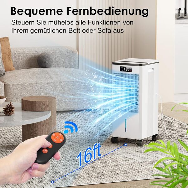 Climatiseur portable 7,5 l, refroidissement par évaporation cristaux de glace, grand réservoir, télécommande, 3 vitesses, 60°/120°, minuterie 1-12h, faible consommation, silencieux, pour intérieur [Classe énergétique A+]