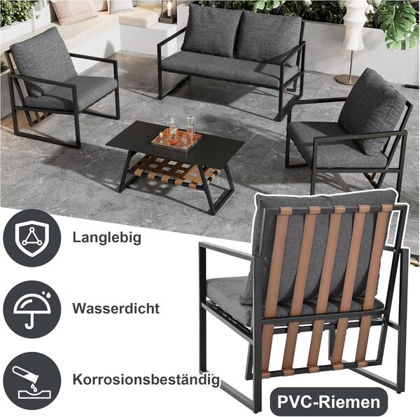 Salon de Jardin Exterieur 4 Personnes, Table de Jardin Exterieur avec Chaise, Salons de Jardin avec Coussins et Table Basse avec Couche de Rangement, Tube en Acier galvanisé, pour Terrasse Balcon