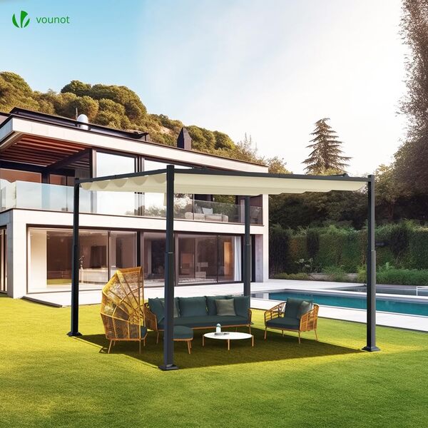 VOUNOT® Pergola Rétractable Coulissante 3x3m Tonnelle de Jardin Abri Soleil Terrasse Extérieur Structure Métal Toile Polyester 180g Haute Densité pour Jardin Beige Foncé