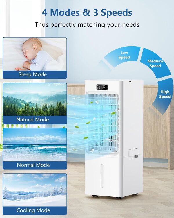 Climatiseur Mobile 4 en 1, Refroidisseur d'air, Ventilateur, loniseur, Humidificateur, avec 1-12H Minuterie, 3 Vitesses 3 Modes, 4 Pack Glacons, Réservoir 6L, Télécommande, Portable, Silencieux