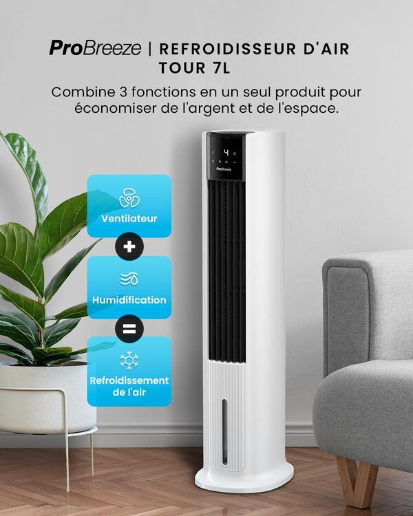 Pro Breeze OmniAir Rafraichisseur d’Air 7L 3en1, 7 Vitesses, 3 Modes, Oscillant, Minuterie 10h, Climatiseur Mobile Sans Évacuation, Silencieux, Sans Conduit, Ventilateur Refroidisseur d'Air