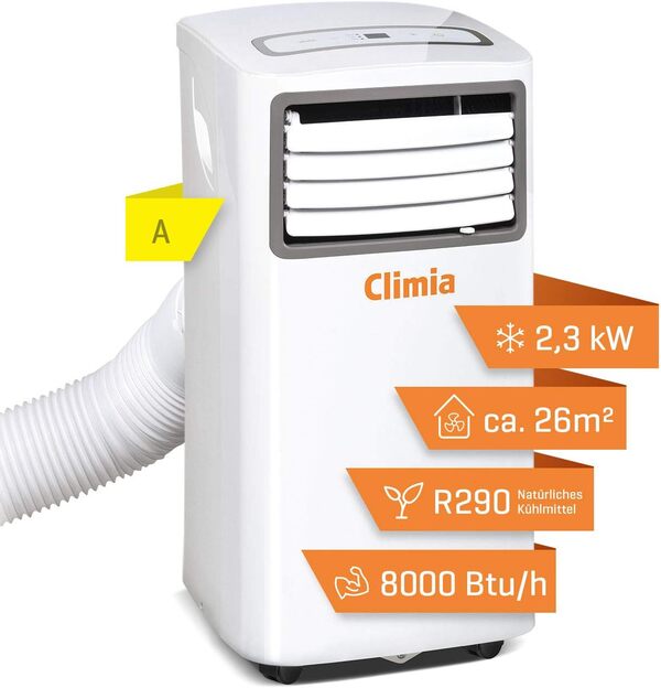 Climia CMK 2600 climatiseur mobile, refroidisseur d'air 3-en-1 – ventilateur, climatisation et déshumidificateur, avec évacuation, capacité 80 m3 [Classe énergétique A]