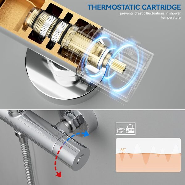 Auralum Colonne de Douche avec Mitigeur Thermostatique, Douche Pluie en Acier Inoxydable 30 x 30 cm, Douchette à 5 Modes, Barre de Douche Extensible (Chromé)