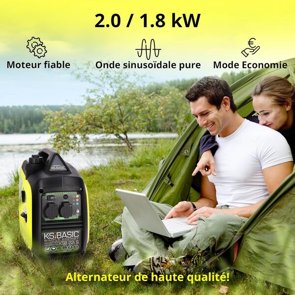 Générateur Inverter KSB 22i S 2000 W Conversion électronique, générateur à essence léger EURO V, 2 prises 16 A (230 V), mode ECON, boîtier d'isolation acoustique, compact.