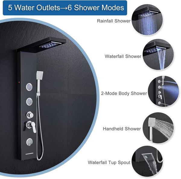 KINKIBOS Tour de douche LED avec mitigeur 6 modes de douche : pluie et cascade, jets de massage 2 m, pommeau et bec de bain, colonne de douche en acier inoxydable noir