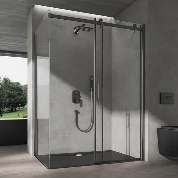 doporro Cabine de Douche Noir en Angle Montage Réversible 70x150x195cm Porte Coulissante avec Amortisseur Verre de Sécurité Transparent 8mm Ravenna19
