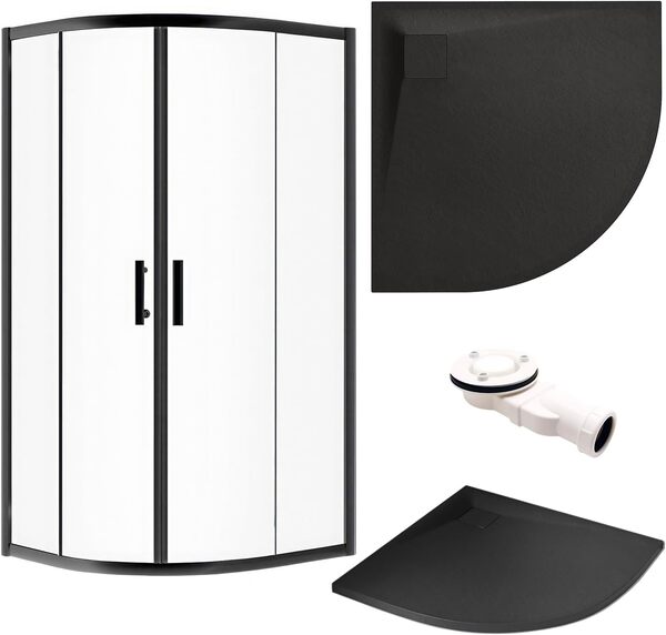 Badland Kit complet – Cabine de douche Hela + receveur de douche Vidar 90 x 90 cm, 193 cm, quart de cercle transparent, Nano verre 6 mm, receveur de douche noir, aspect pierre SMC, avec bonde Ø 90 mm