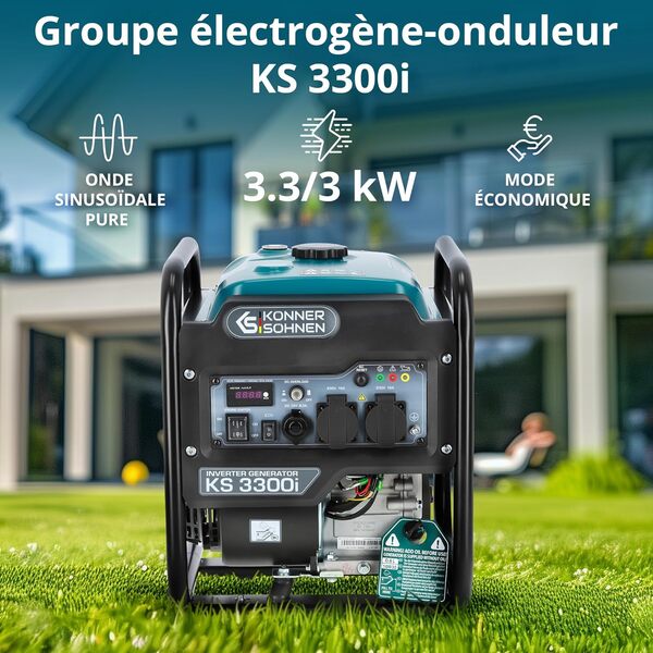 Könner & Söhnen KS 3300i. Générateur inverseur à essence 3300W, générateur électrique avec 2x Schuko 230V, générateur électrique de secours^affichage LED, générateur avec enroulements en cuivre,EURO 5