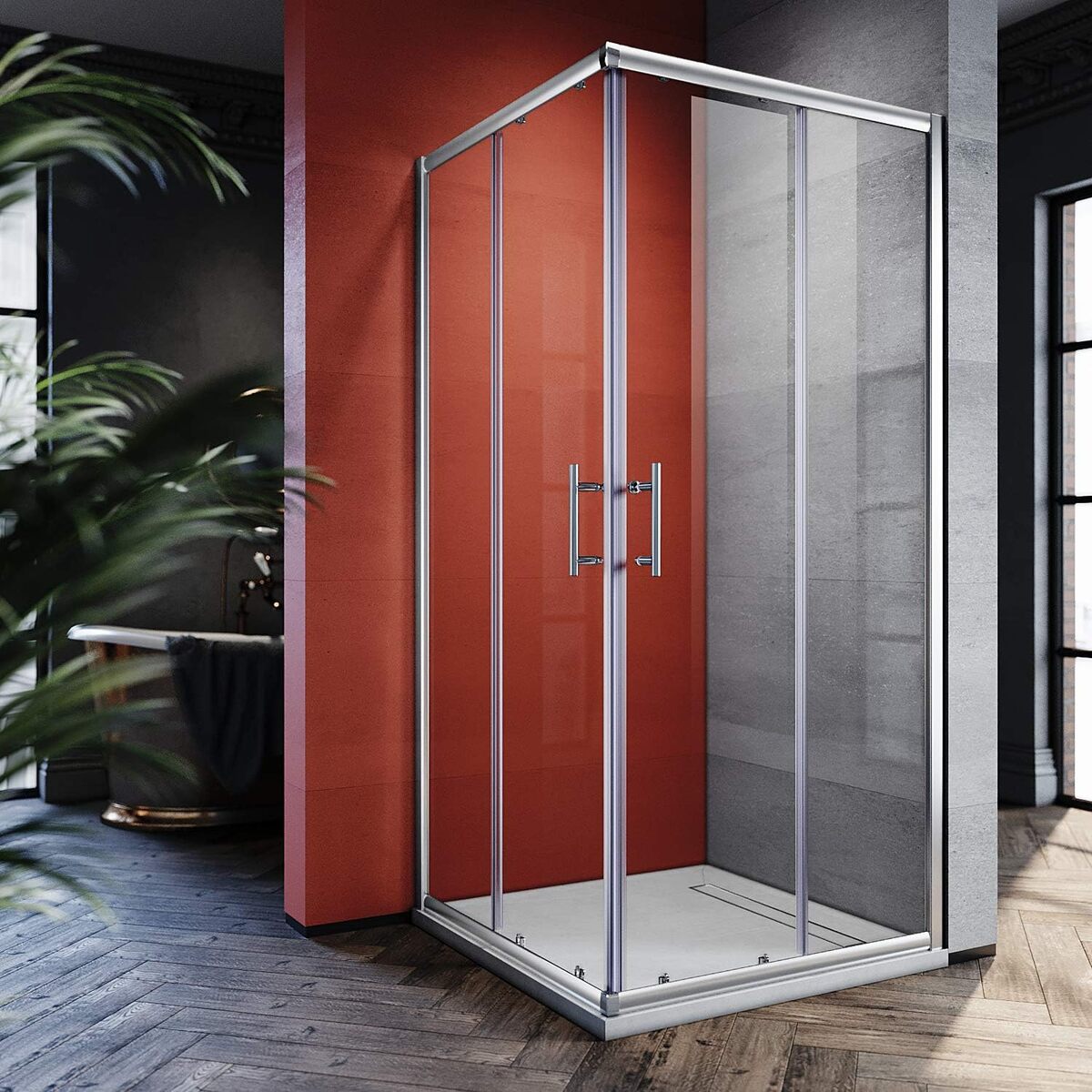Test cabine de douche accès d'angle porte coulissante