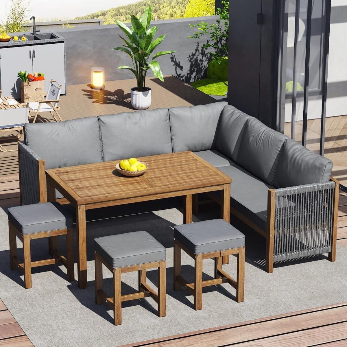 Test de l'ensemble de salon Seyakany : canapé d'angle et table basse en bois massif