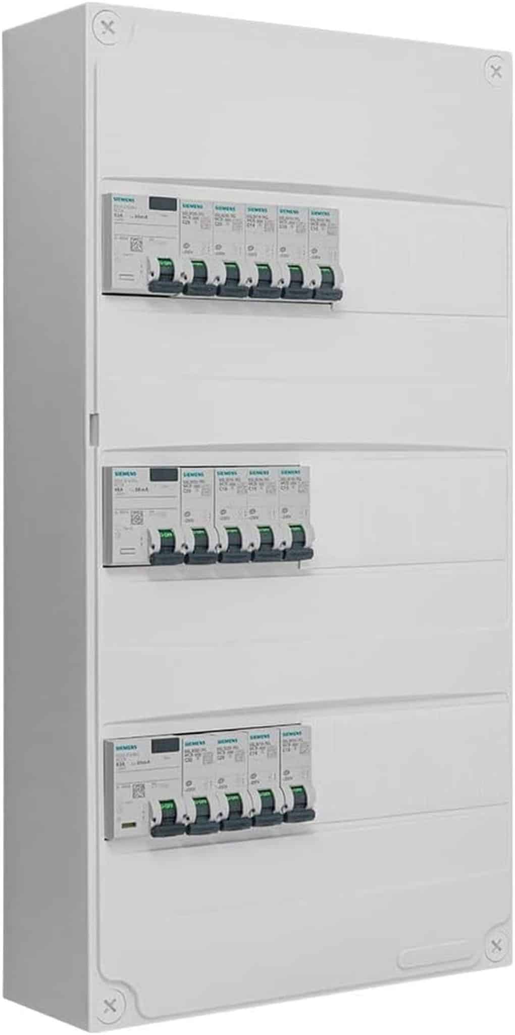 Test du tableau 3 rangées pré-équipé : protection optimale avec 2 inter.  diff.  63A, 1 inter.  diff.  40A et 13 disjoncteurs
