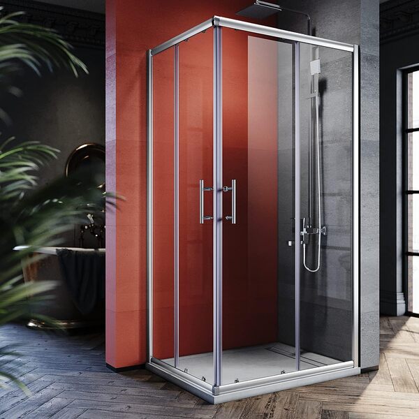 SIRHONA Cabine de Douche 100x80x185 cm Coulissante à Double Ouverture, Porte de Douche en Verre à Deux Panneaux Fixes avec Verre Transparent de 5 mm, Finition Chromée