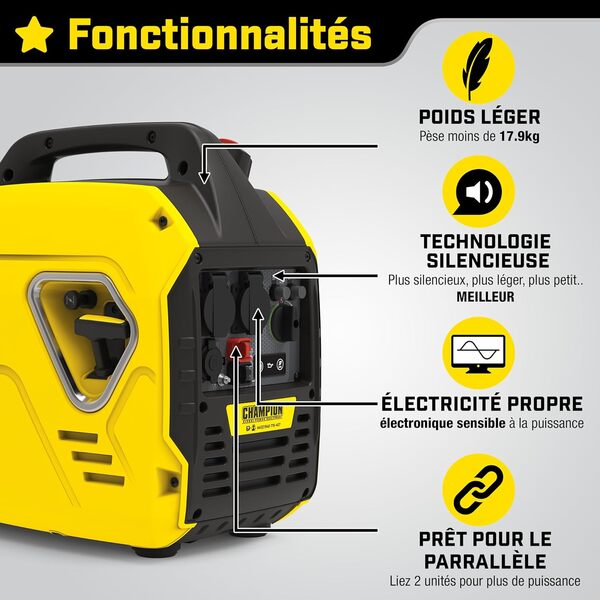 Champion Power Equipment The Mighty Atom 9200i-EU Générateur électrique 2200 W Inverter essence 58 dBA – 7 m de distance, prise 12 V CC et adaptateur USB double port pour camping et extérieur