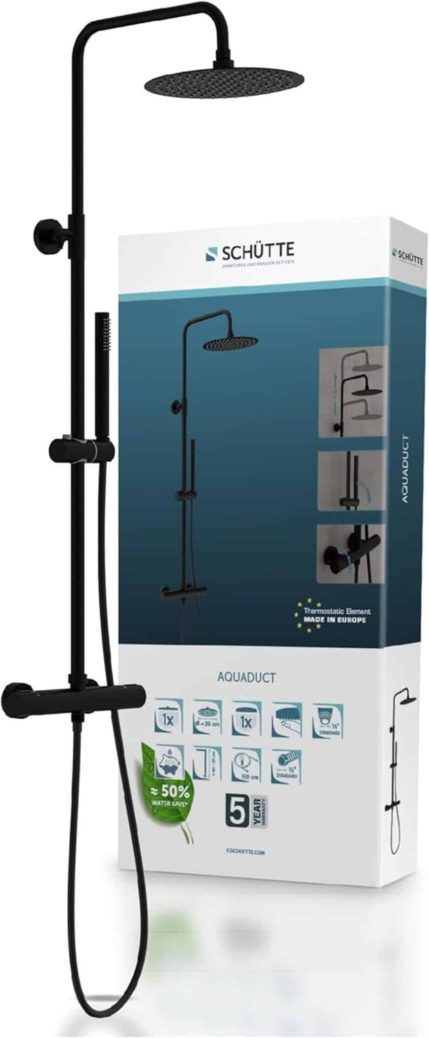Test du système de douche SCHÜTTE AQUADUCT avec thermostat et douche à effet pluie