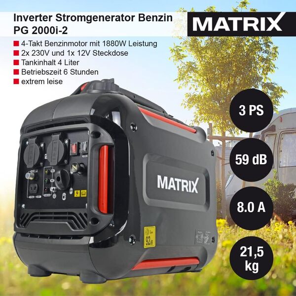 Matrix essence inverter groupe électrogène portable silent | PG 2000i-2 | 4 temps | 2x230V | silencieux 59 dB(A)