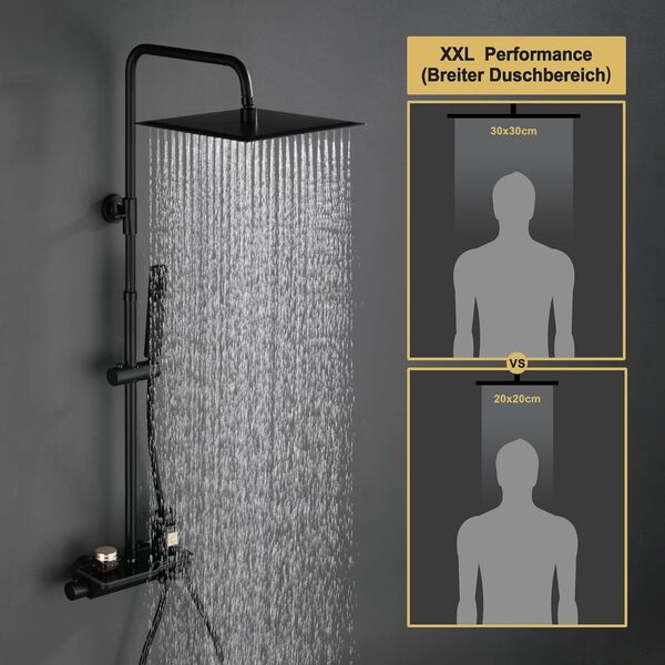 Görbach Colonne de Douche avec Mitigeur Thermostatique, Acier inoxydable Système de Douche avec Robinetterie, Pommeau de Douche, Douchette à Main, Barre de Douche Noir mat (3030MB)