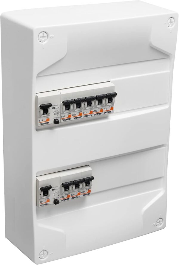 DEBFLEX - Coffret Electrique Pré-Equipé - Tableau Electrique 2 rangées - 2 Interrupteurs Différentiels (40A type A + 63A type AC) + 8 Disjoncteurs (10/16/20/32A) - Pose en Saillie
