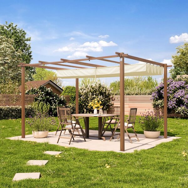 PRIMEYARD Pergola 3x4 m pavillon avec Toit rétractable - Construction en Acier Aspect Bois