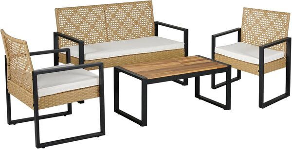 casa.pro Salon de Jardin 4 Pièces avec Table Banc pour 2 Personnes et 2 Chaises avec Accoudoirs et Coussins Confortables Acier Bois d'Acacia Polyrotin Beige Noir Naturel