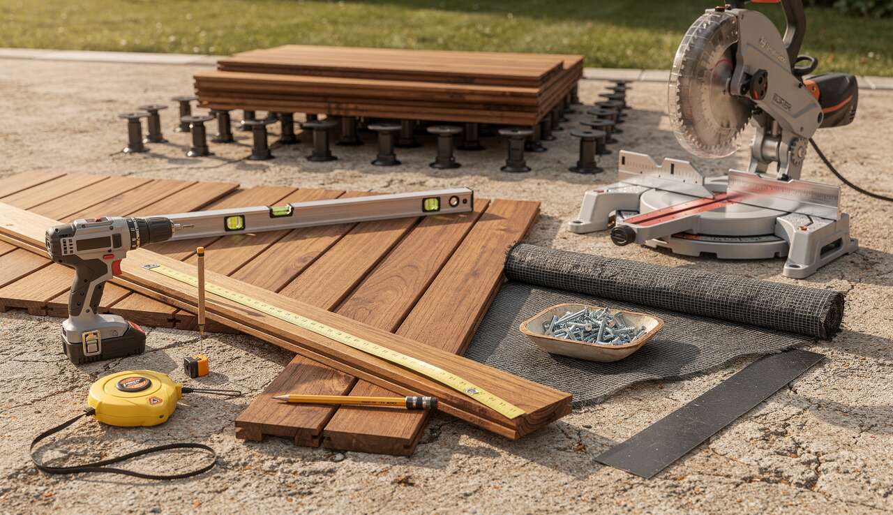 Installation de terrasse en bois sur plots et lambourdes