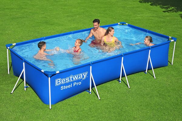 Bestway Steel Pro Frame Piscine carrée sans Pompe en Acier Bleu 400 x 211 x 81 cm Bleu 56405