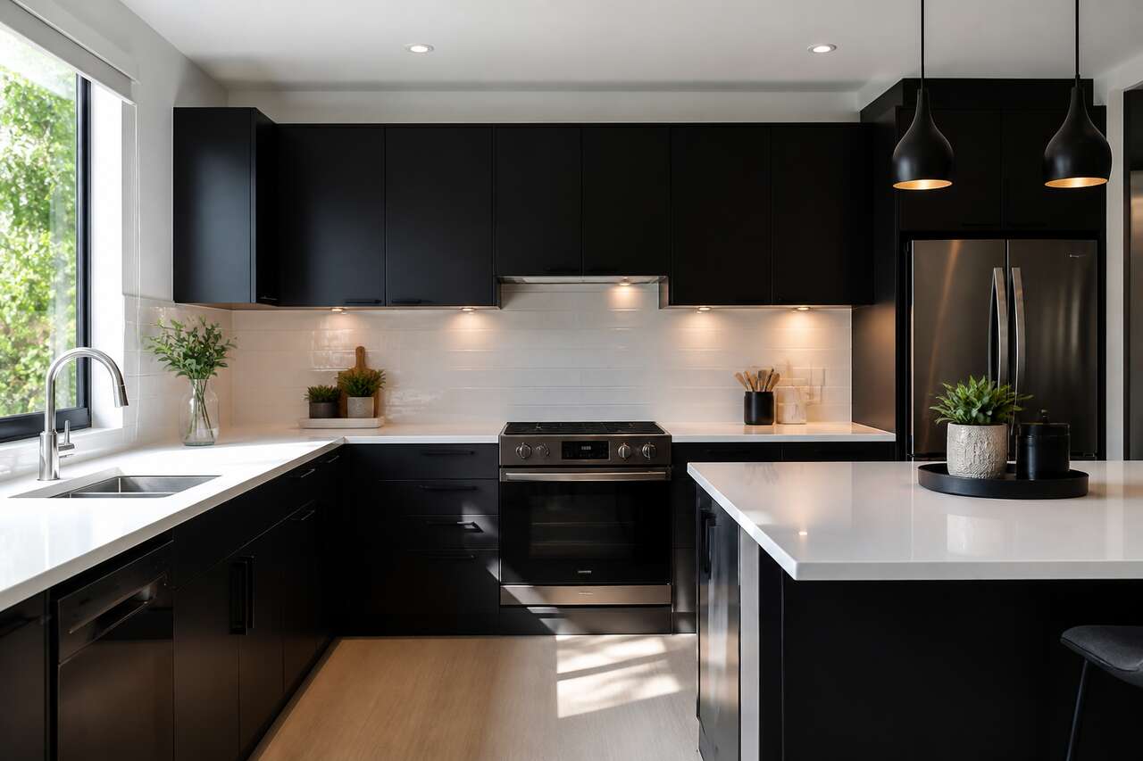 Contrastes et harmonies dans une cuisine noire et blanche