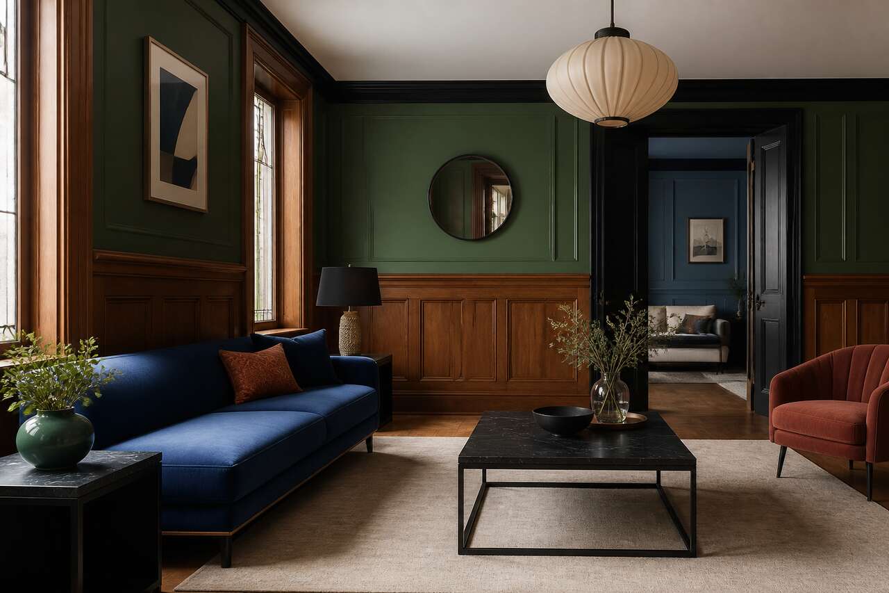 Contrastes &eacute;l&eacute;gants: vert, bleu, terracotta, noir et leurs bons dosages