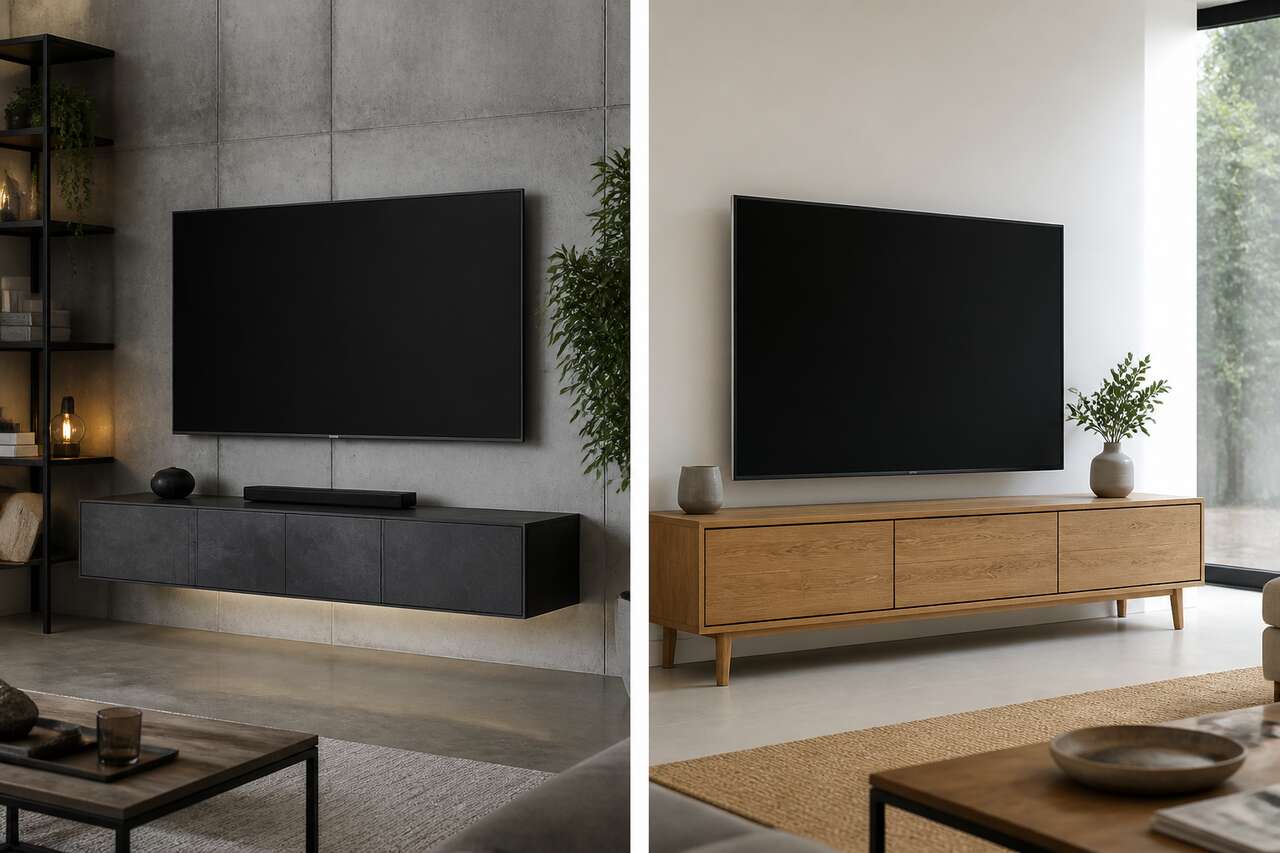 Meuble tv suspendu ou sur pieds : stabilit&eacute;, pose et rendu d&eacute;co