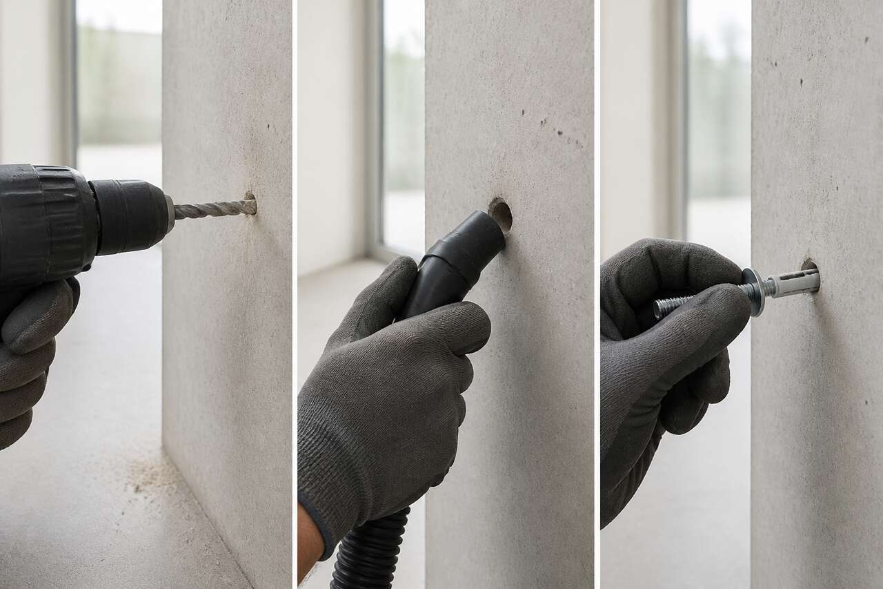 Pose dans le b&eacute;ton : per&ccedil;age, d&eacute;poussi&eacute;rage, serrage et contr&ocirc;les